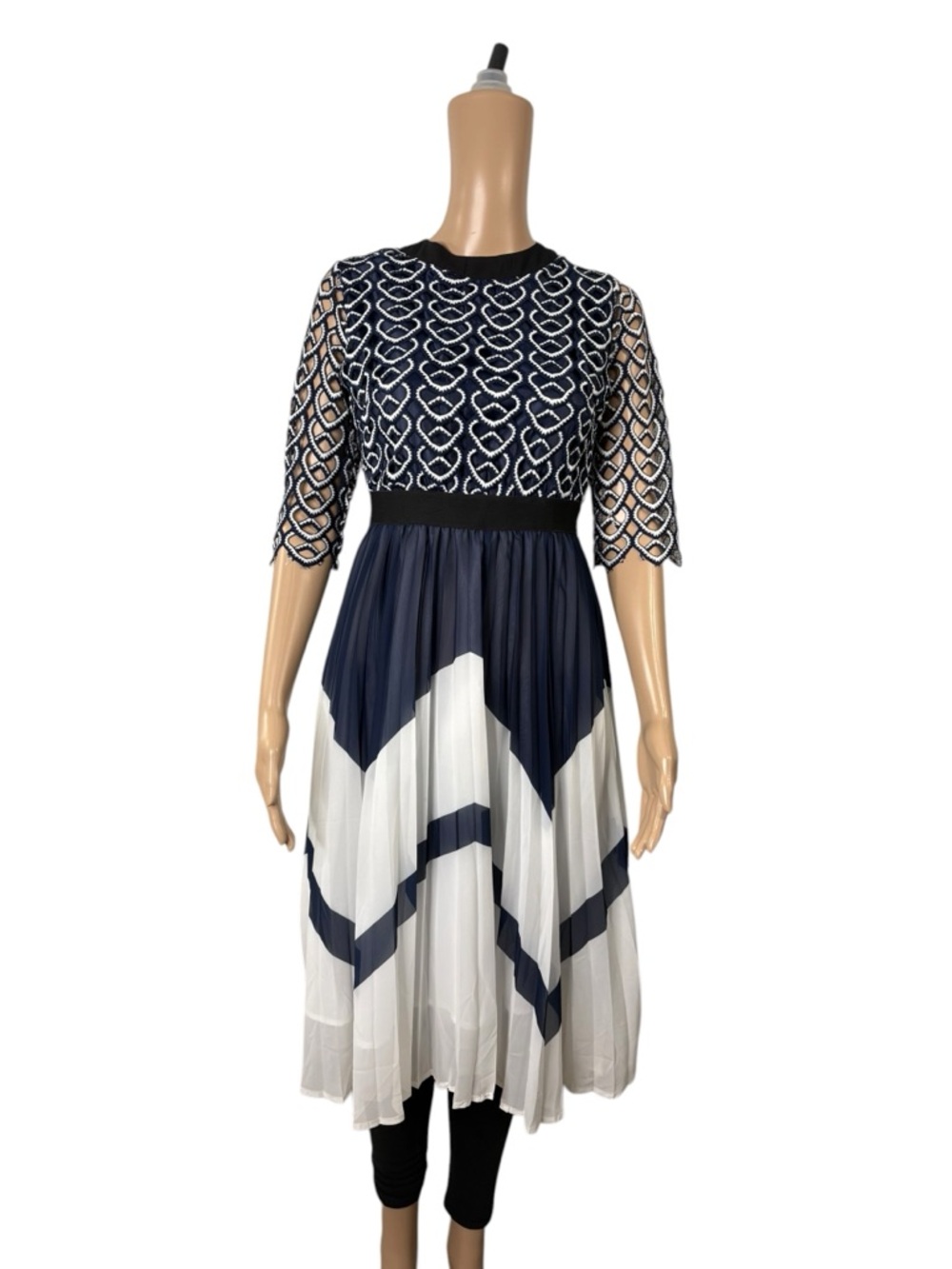 N by Nancy Navy and White Pleated Midi Dress with Lace Bodice size S